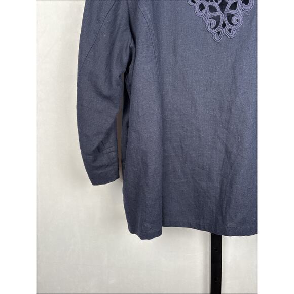 Susan Graver Linen Blend Blazer Jacket XL Navy Blue Crochet Detail Boho Classic - Picture 10 of 12